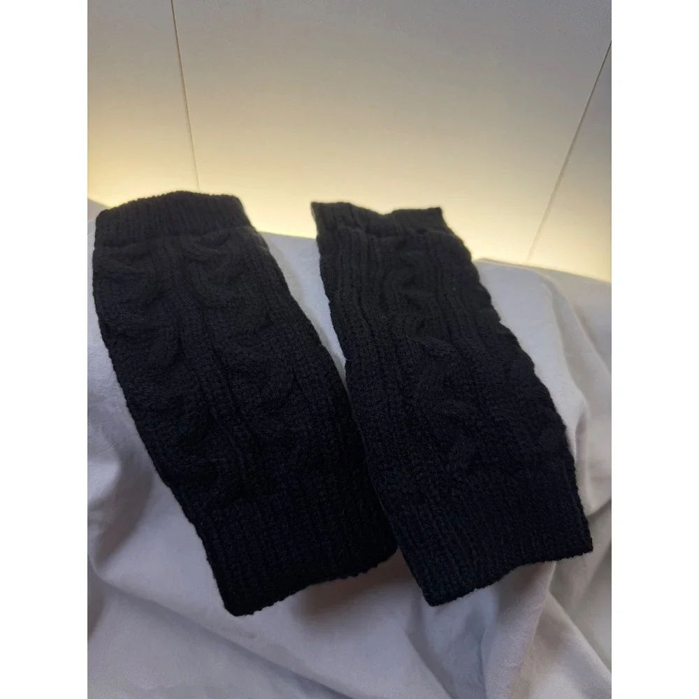 Black Cable Knit Fingerless Gloves Thumb Hole Arm Warmers Winter Mittens